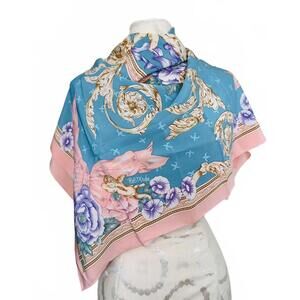 VTG 90's Bob Mackie 100% Silk Elegant Blue & Pink Cherubs & Floral Motif Scarf